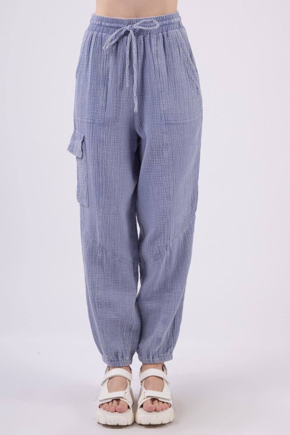 VERY J Washed Woven Crinkle Gauze Drawstring Cargo Pants.