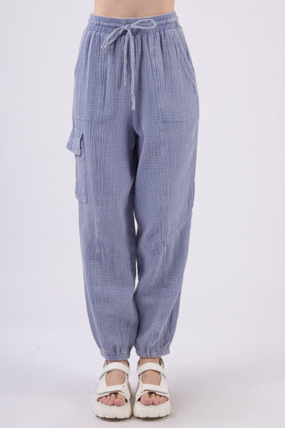 Trendy Utility Drawstring Cargo Pants in Washed Crinkle Gauze