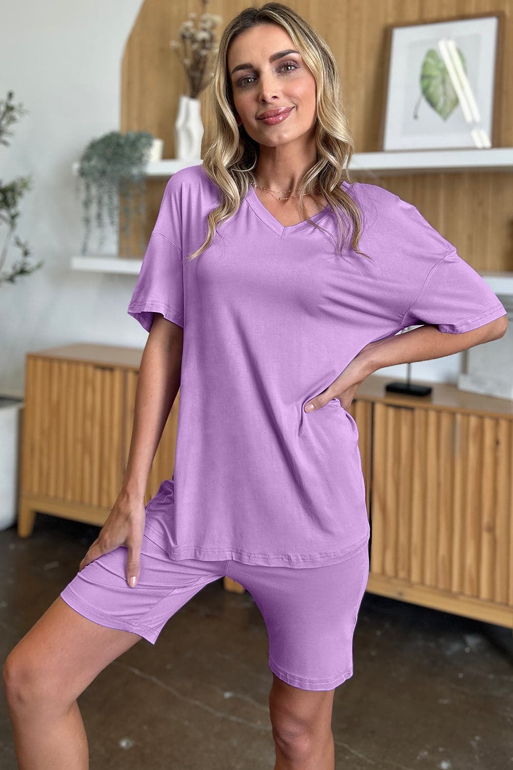 Basic Bae Bamboo Full Size  V-Neck Drop Shoulder T-Shirt and Shorts Set.