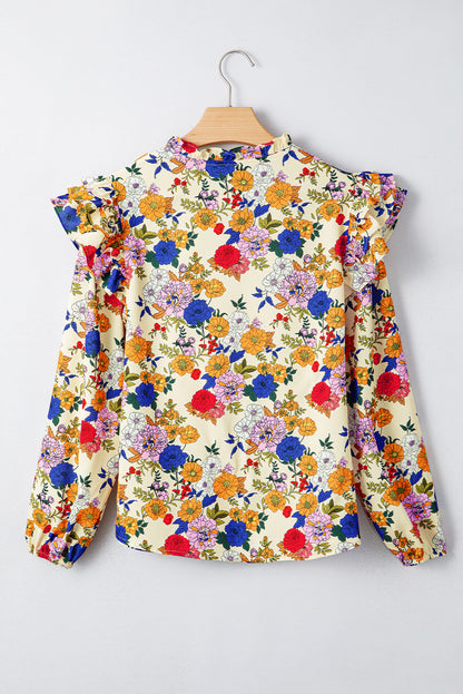 Premium Apricot Ruffled Shoulder Floral Long Sleeve Blouse
