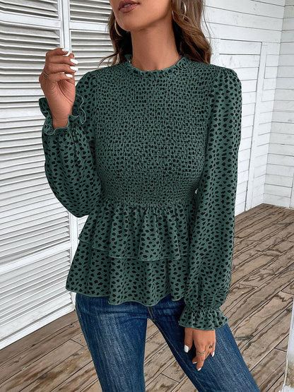 Printed Round Neck Smocked Flounce Sleeve T-Shirt.