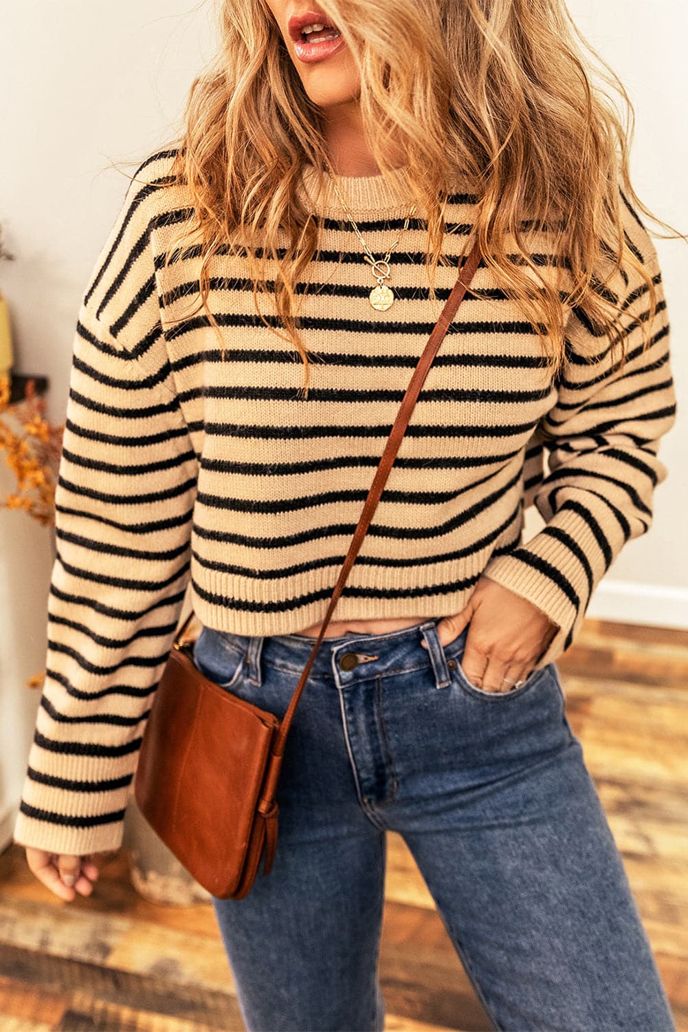 Striped Round Neck Long Sleeve Cropped Sweater.