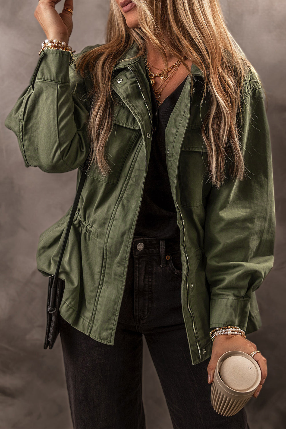 Moss green collared jacket for women