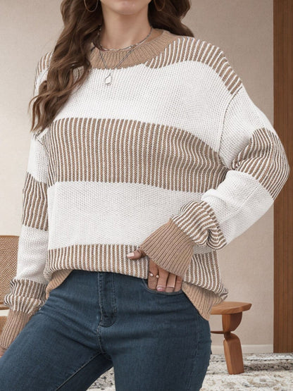 Chic striped long sleeve sweater with round neck