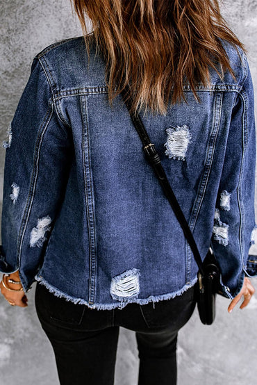 Mixed Print Distressed Button Front Denim Jacket.