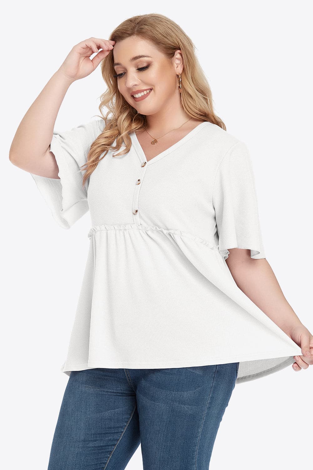 Plus Size Buttoned V-Neck Frill Trim Babydoll Blouse.