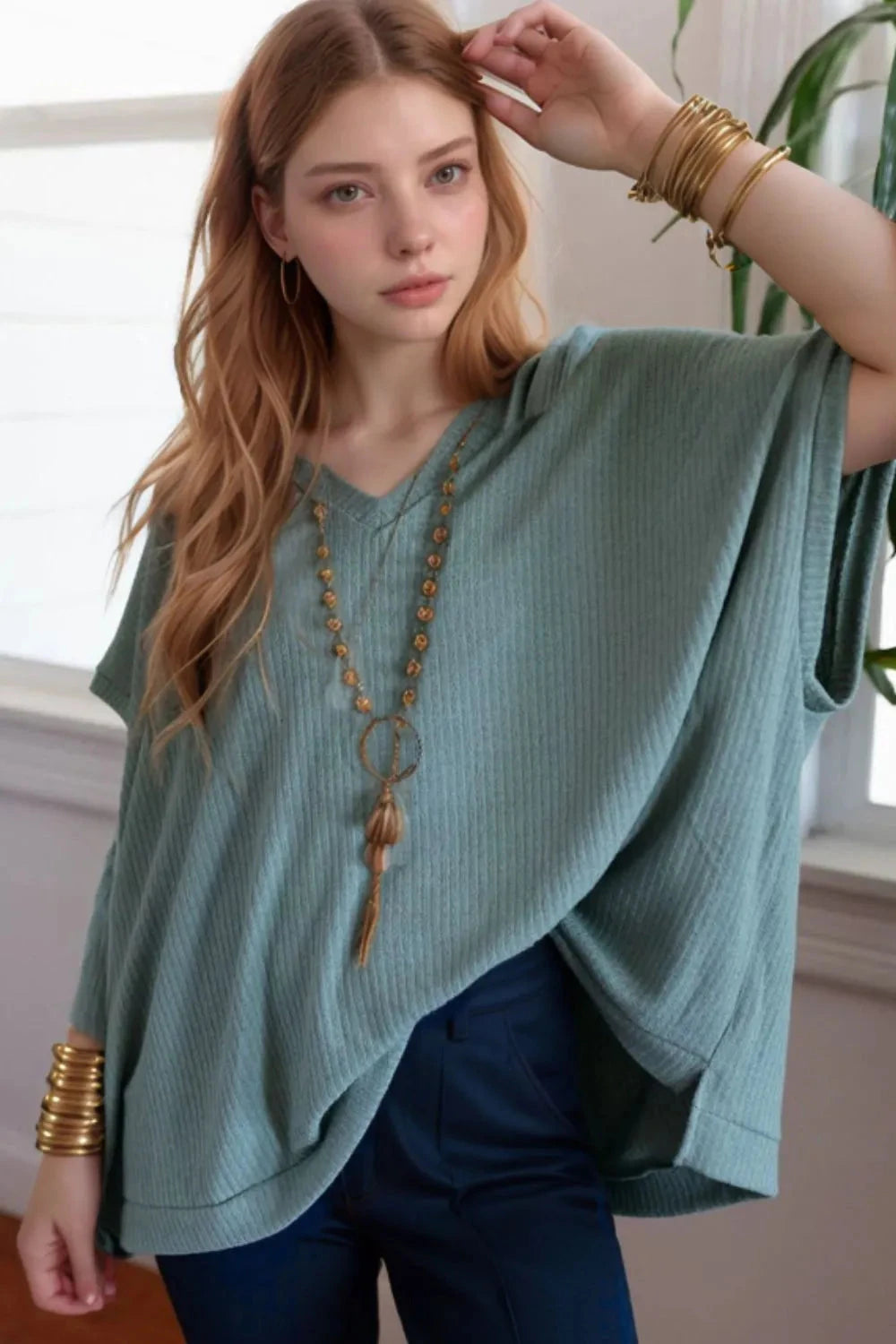Oversized Ribbed Knit V Neck Dolman Short Sleeve Top Simply Love