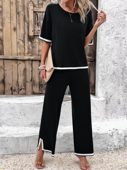 Contrast Trim Round Neck Top and Pants Set.