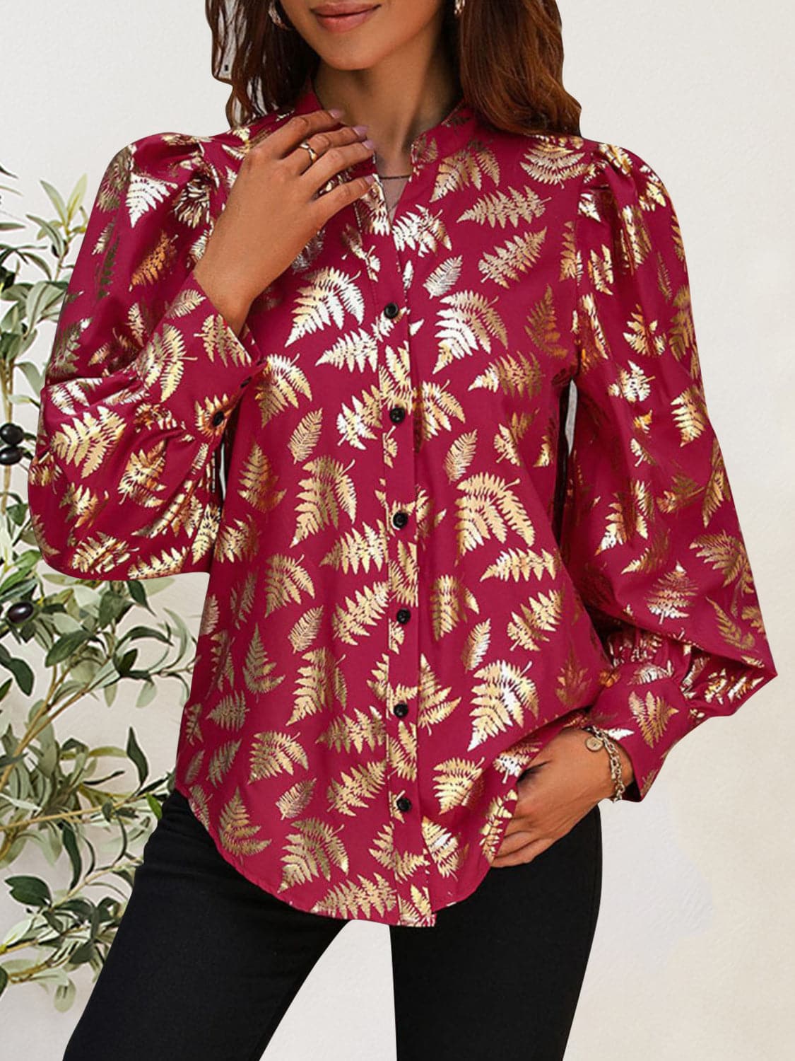 Printed Notched Long Sleeve Shirt.