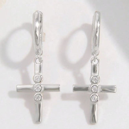 Elegant platinum-plated zircon cross earrings in sterling silver