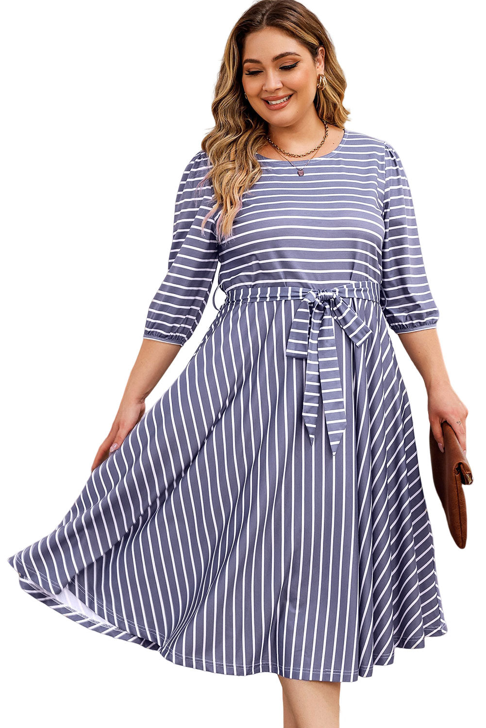 Chic gray striped plus size dress with tie waist and 3/4 sleeves