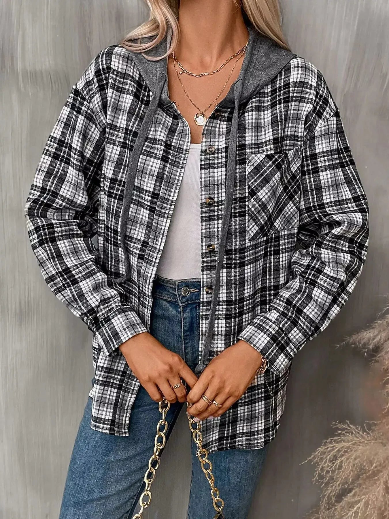 Hooded Plaid Button-Up Shirt Simply Love