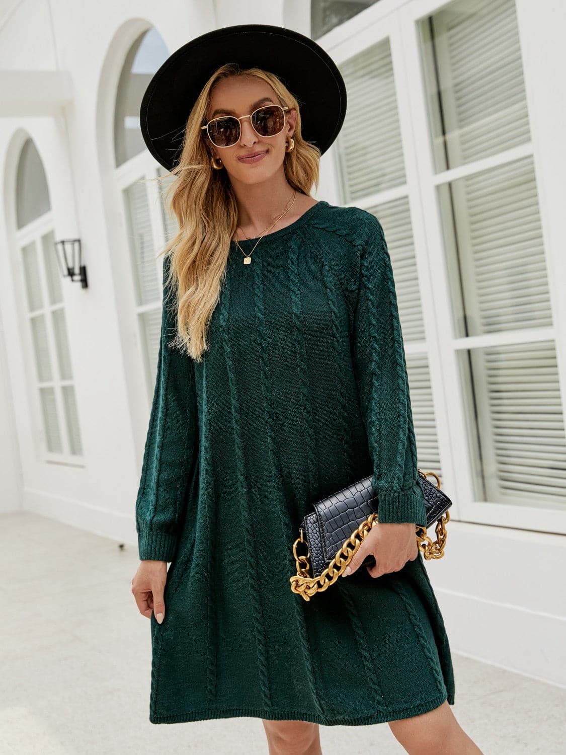 Cable-Knit Long Sleeve Sweater Dress.