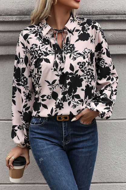 Printed Tie Neck Balloon Sleeve Blouse.