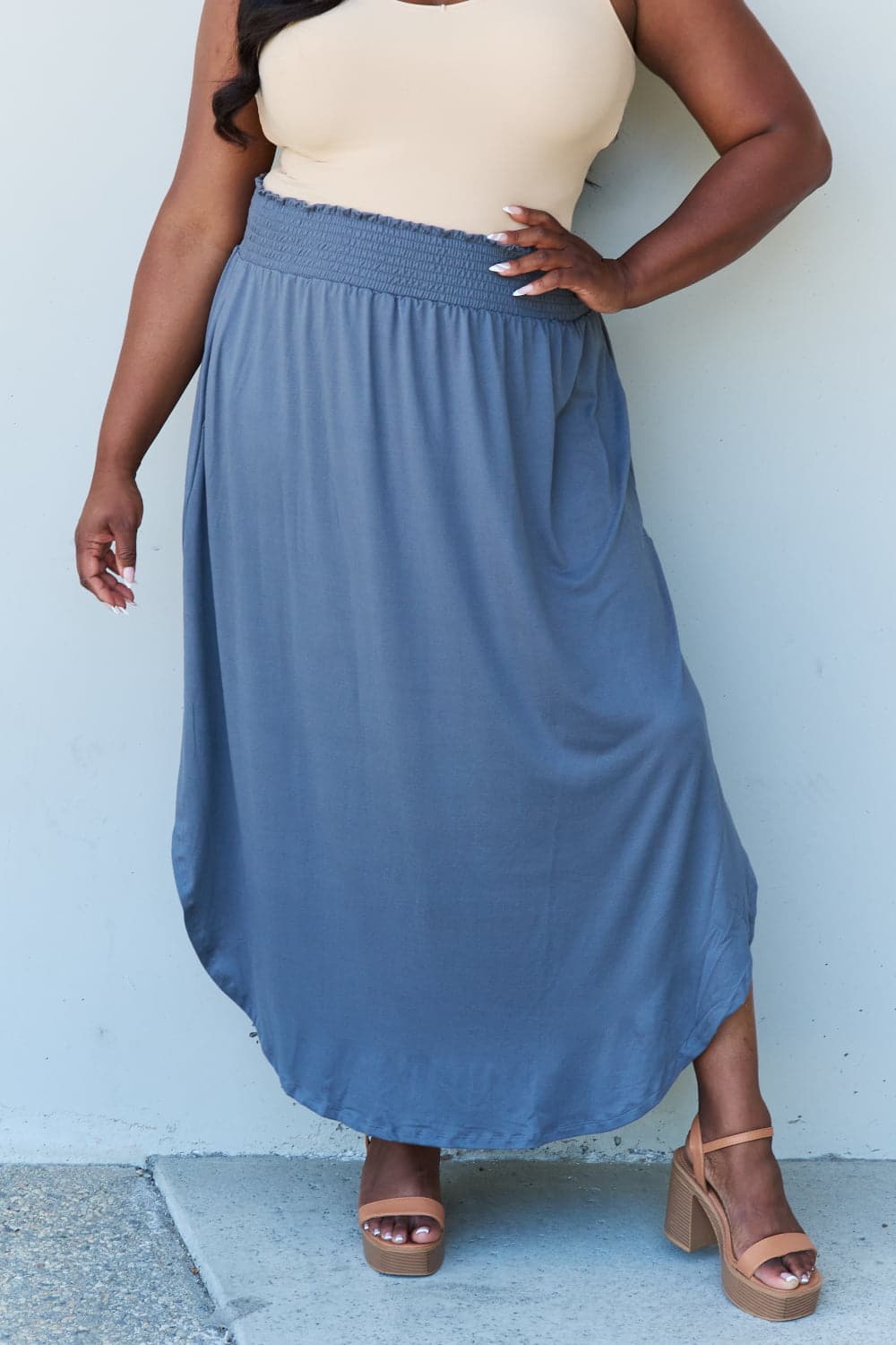 Doublju Comfort Princess Full Size High Waist Scoop Hem Maxi Skirt in Dusty Blue.