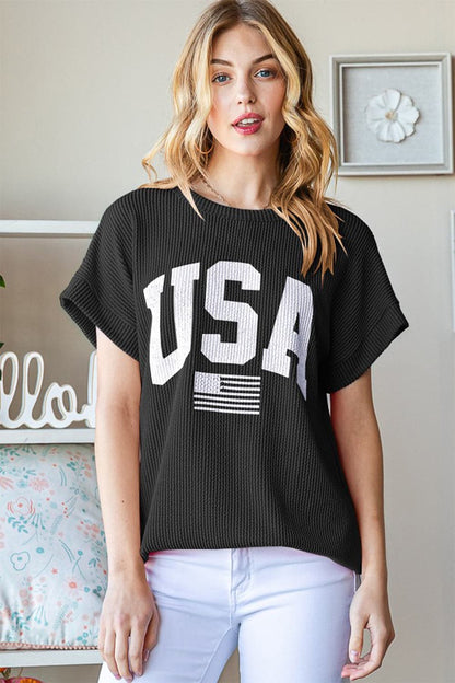 Heimish Full Size USA Graphic Short Sleeve Ribbed Top.