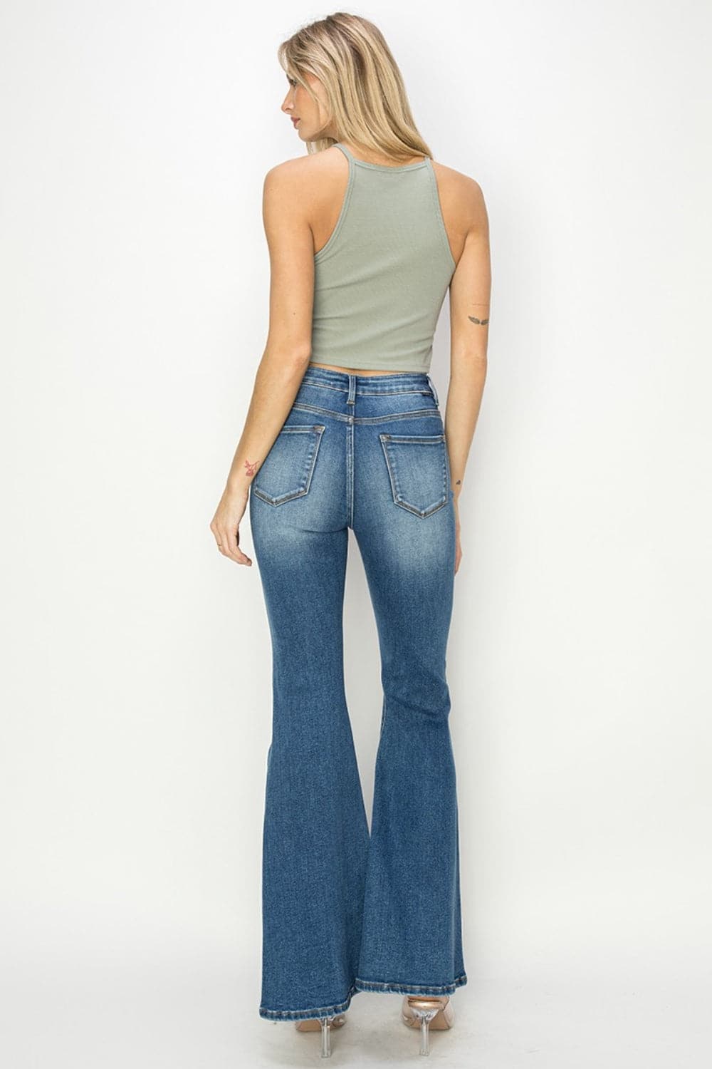 RISEN Full Size High Rise Front Seam Detailed Flare Jeans.