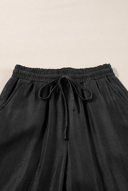 Chic black drawstring wide leg denim trousers with high waist design