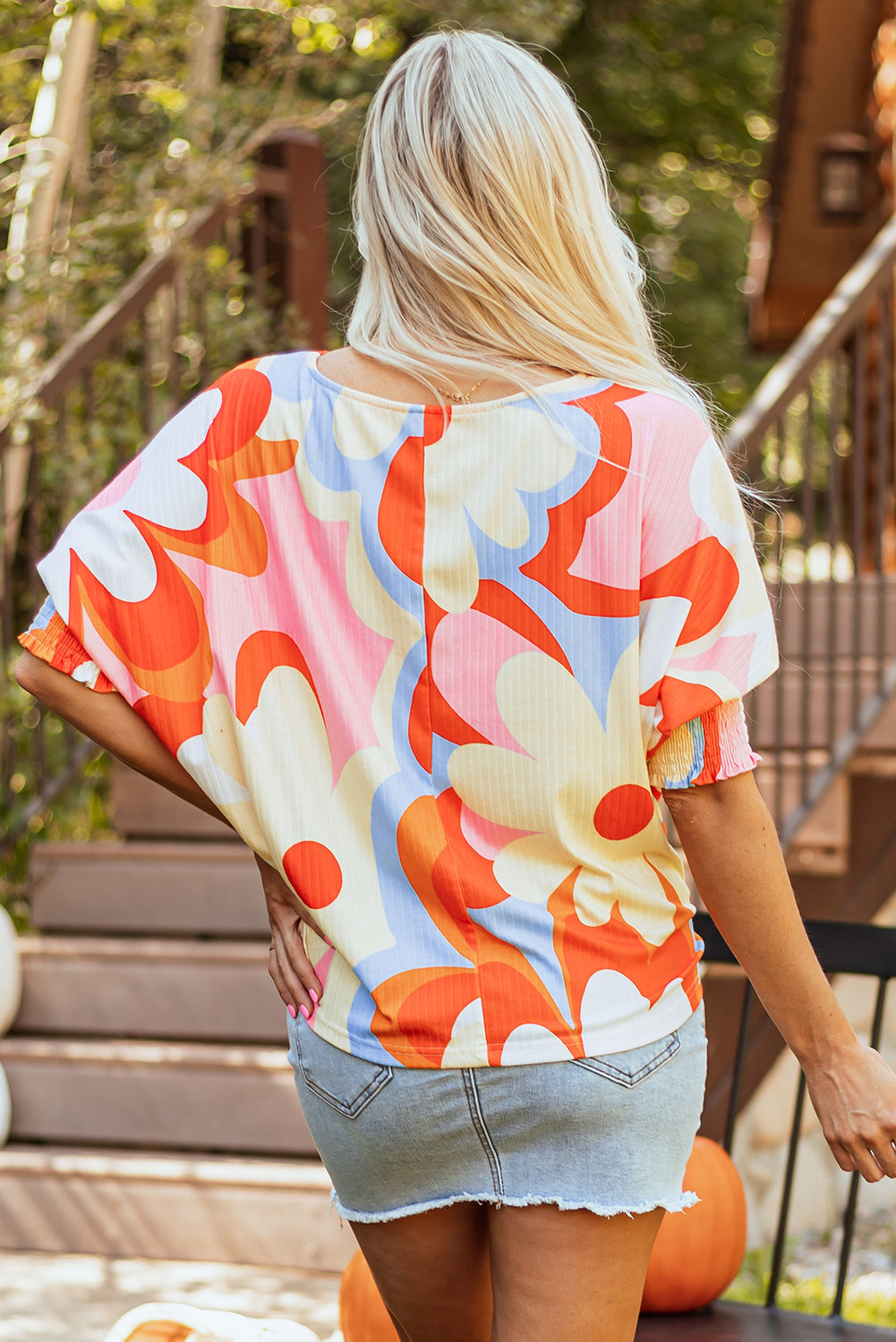 Yellow floral ribbed blouse