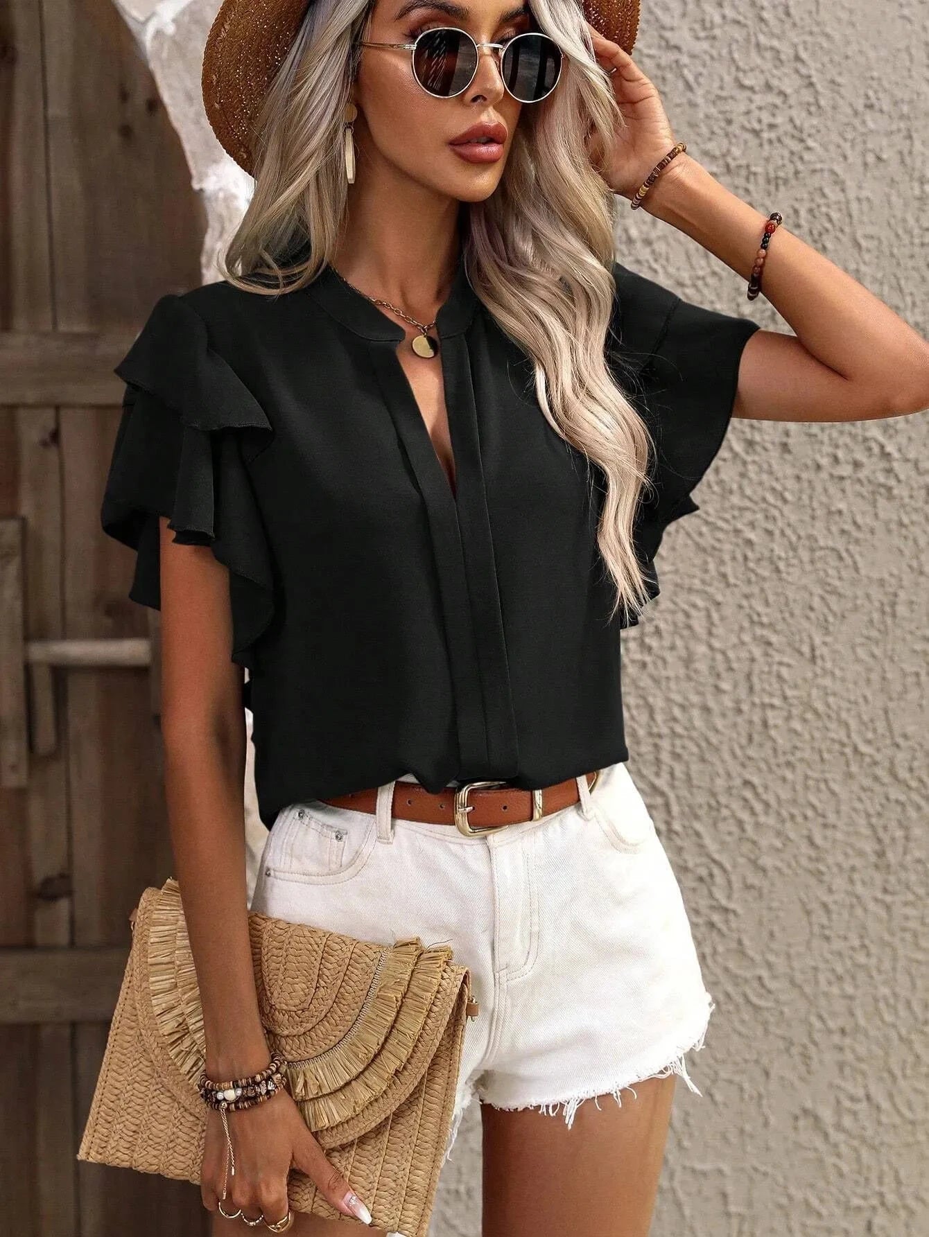 Ruffle Sleeve Notched Blouse Coco’s Tee Boutique