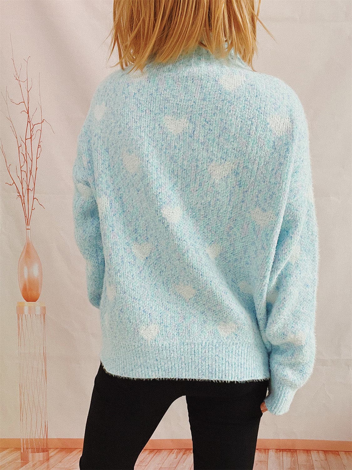 Heart Heathered Turtleneck Drop Shoulder Sweater.