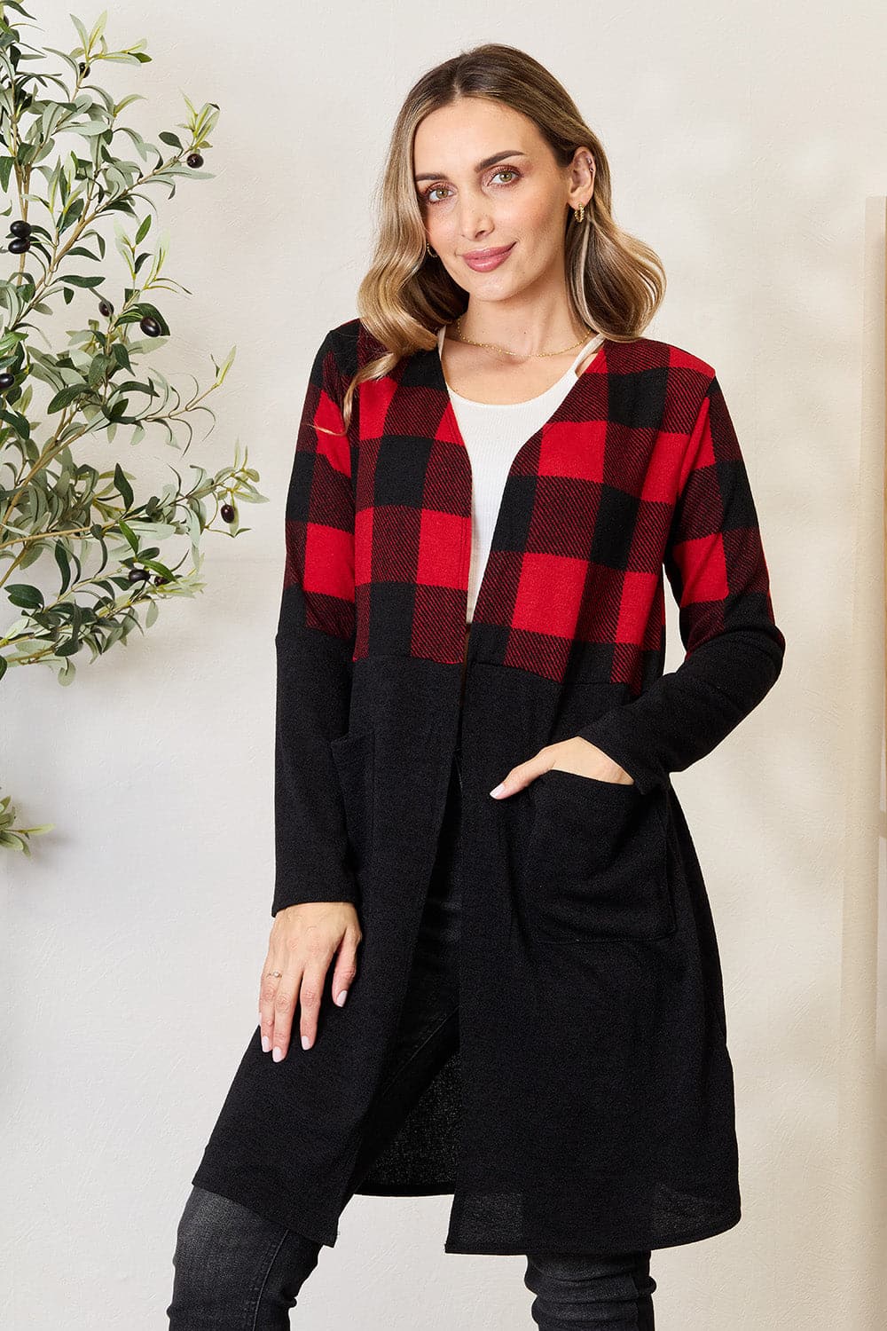 Heimish Full Size Plaid Open Front Cardigan.