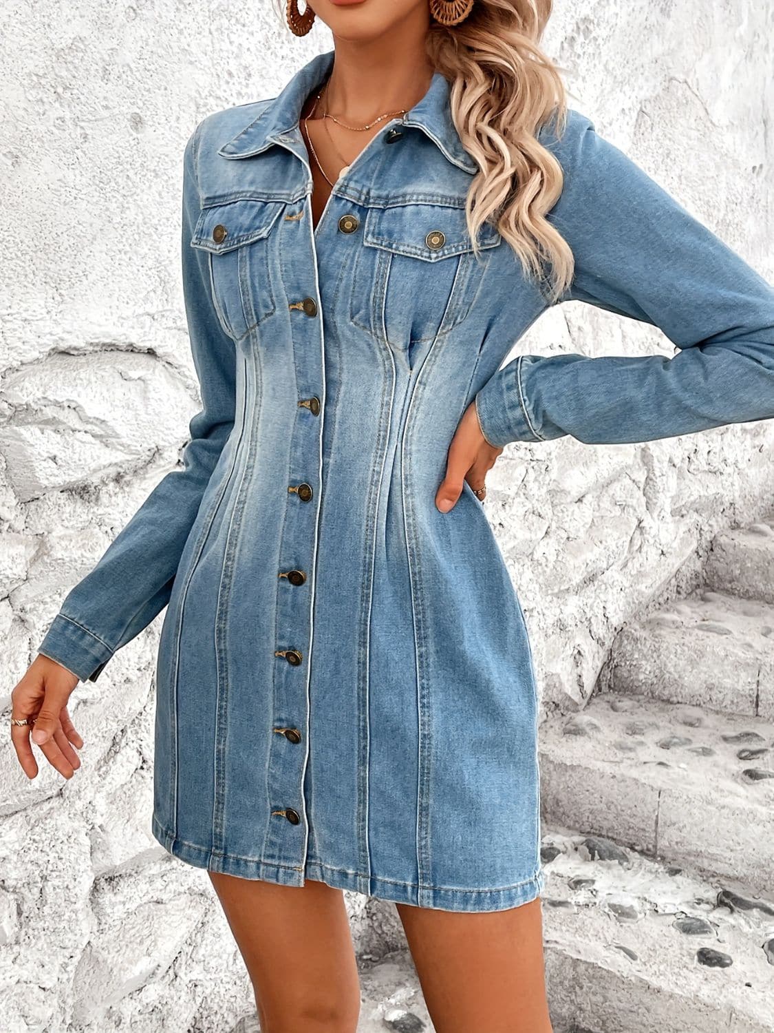 Pocketed Button Up Long Sleeve Denim Dress.