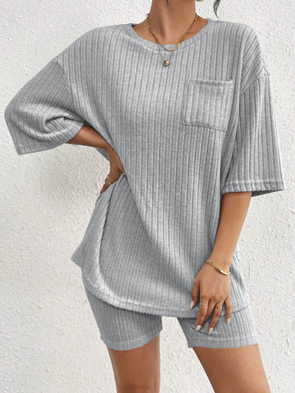 Ribbed Round Neck Top and Shorts Set.