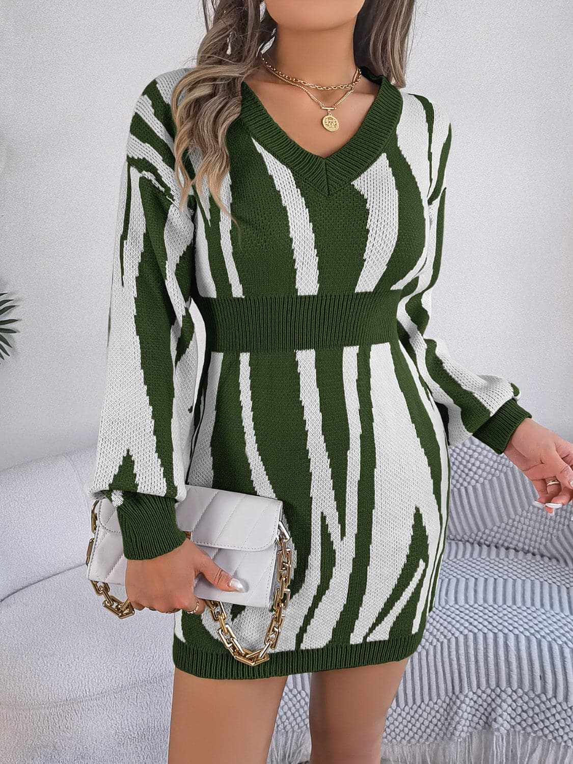 Animal Print V-Neck Long Sleeve Sweater Dress.