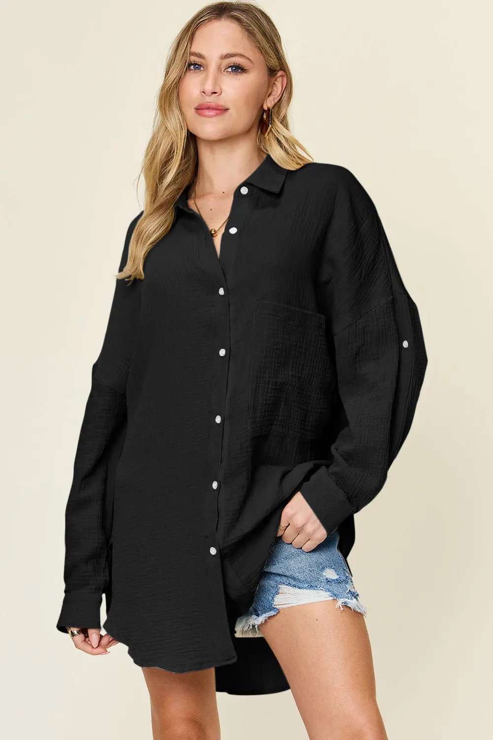 Double Take Full Size Pocketed Texture Button Up Shirt - Love Salve