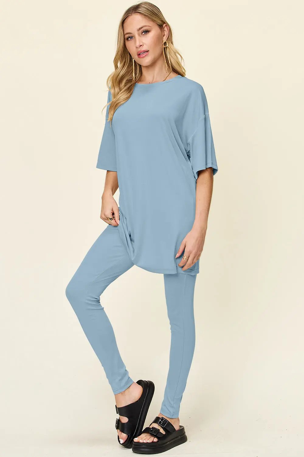 Double Take Full Size Round Neck Dropped Shoulder T-Shirt and Leggings Set - Love Salve