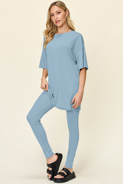 Double Take Full Size Round Neck Dropped Shoulder T-Shirt and Leggings Set.