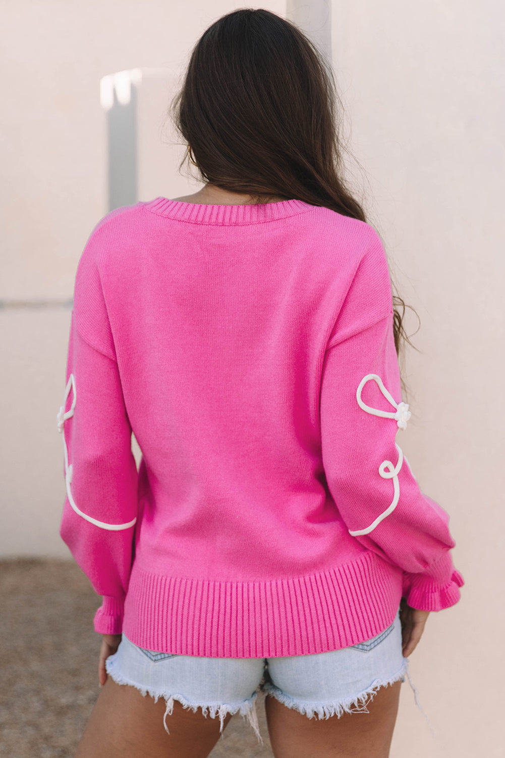 Charming Bright Pink Ribbed Trim Sweater with Flower Bow Detail