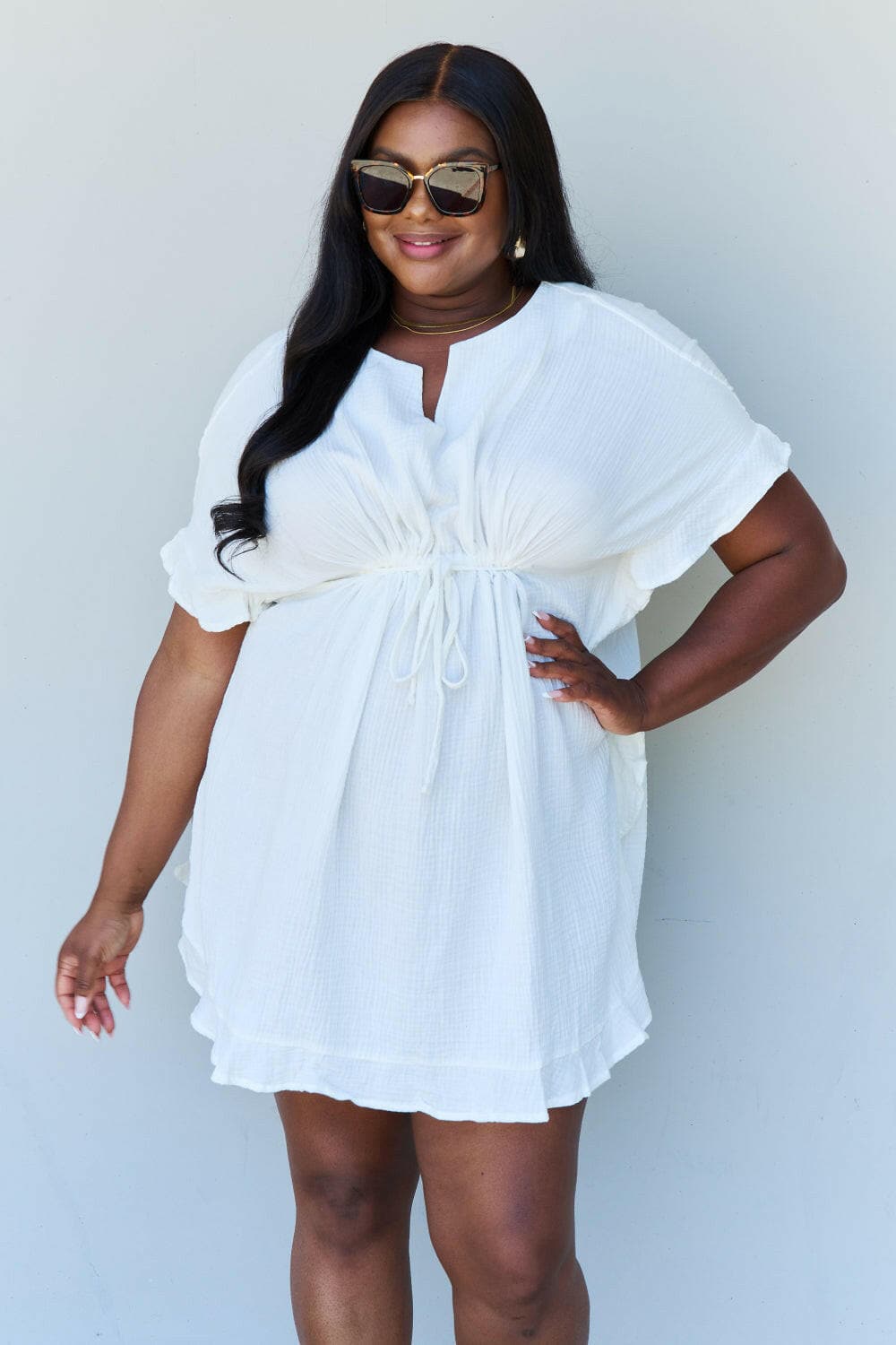 Ninexis Out Of Time Full Size Ruffle Hem Dress with Drawstring WaistbaNinexis Out Of Time Full Size Ruffle Hem Dress with Drawstring Waistband in White
 Step into timeless elegance with the Ninexis Out Of Time Full Size Ruffle Hem DresLove Salve Time Full Size Ruffle Hem DressTIKTOK