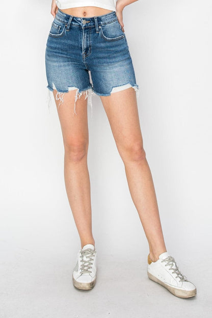 RISEN High Rise Raw Hem Distressed Denim Shorts.