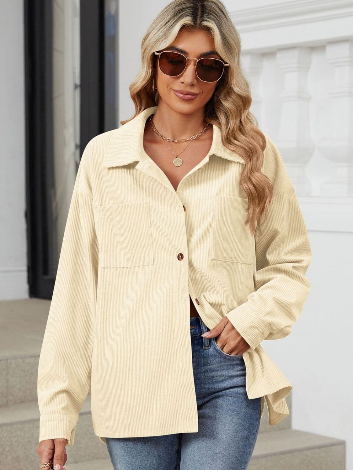 Chic Buttoned Long Sleeve Jacket with Dropped Shoulders