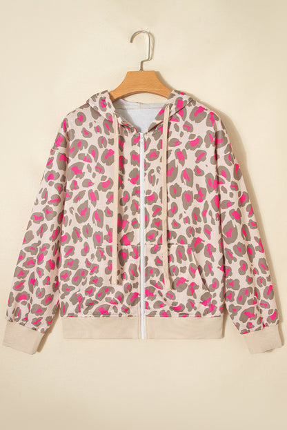 Rose Leopard Print Zip Up Hooded Sweatshirt Cozy Fashion