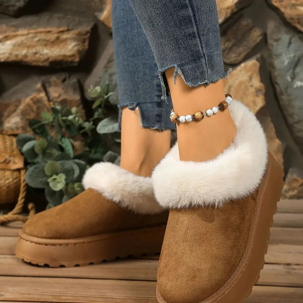 Fuzzy Trim Round Toe Platform Boots Simply Love