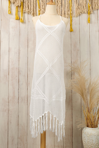 Elegant white beach dress with crisscross back and tassel details