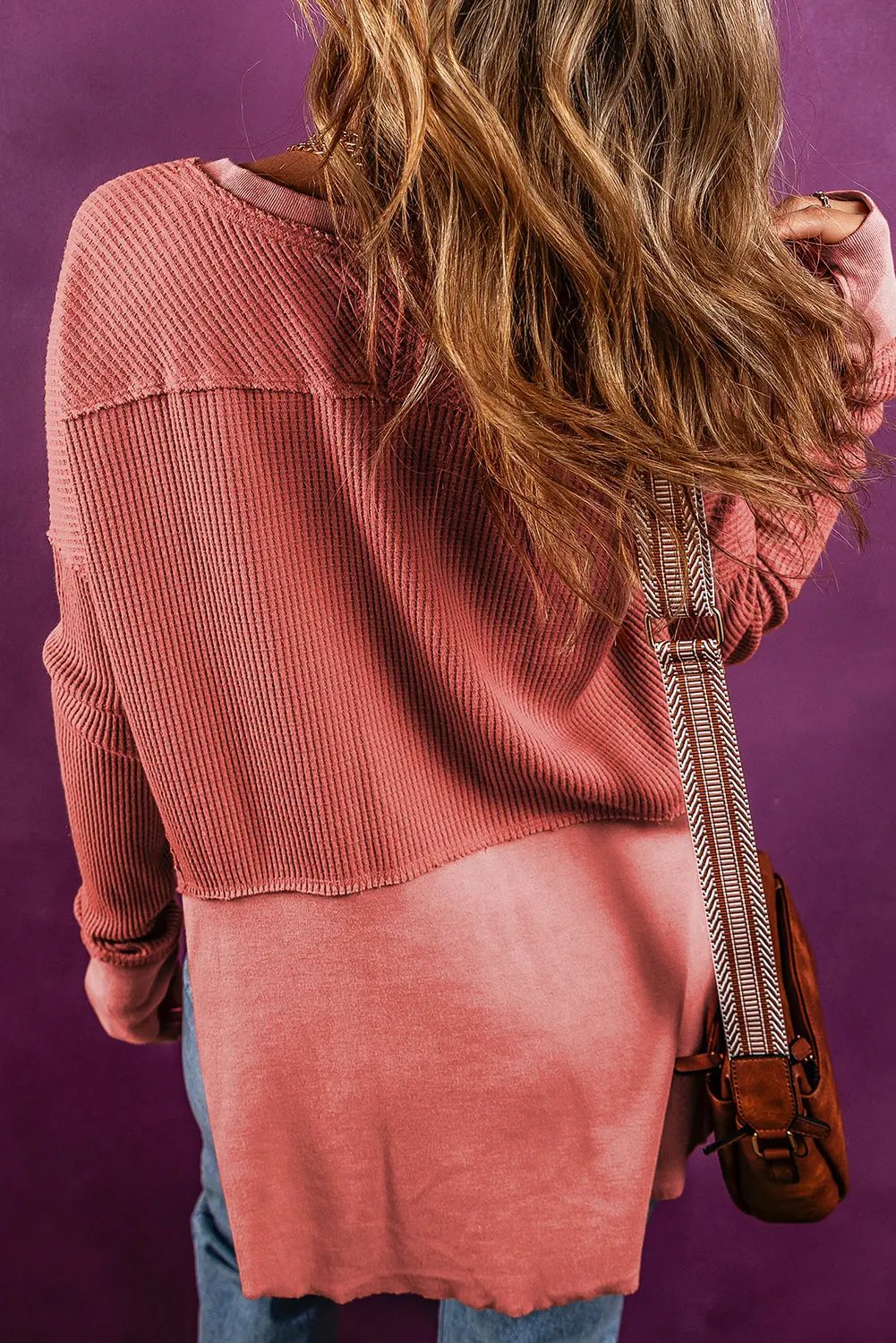 Giselle Exposed Seam Slit Neck Waffle Knit Patchwork Top - Love Salve 