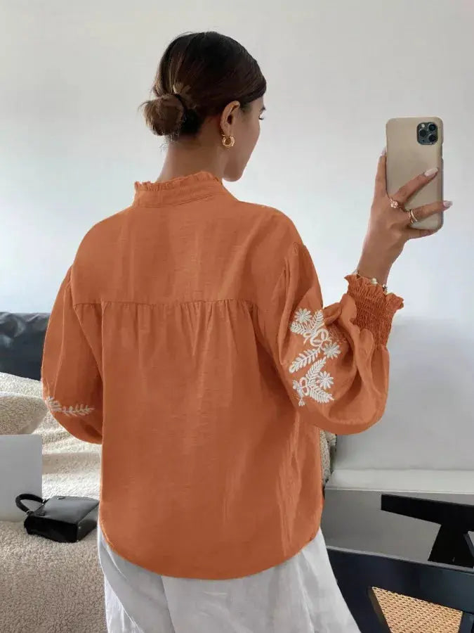 Embroidered Notched Long Sleeve Blouse Simply Love