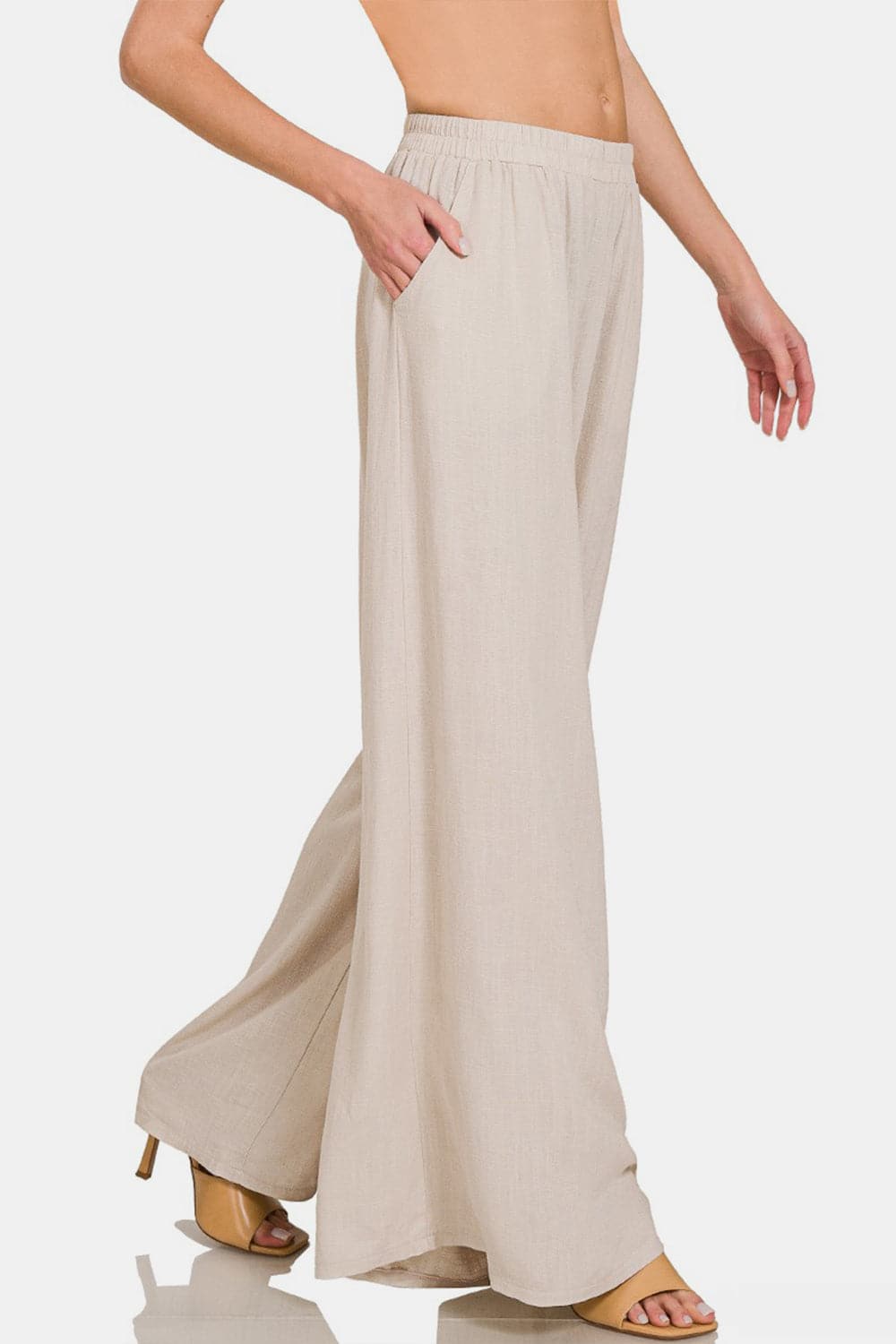 Zenana Pleated Linen Blend Wide Leg Pants.