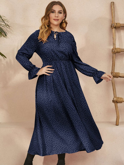 Plus Size Ruffled Polka Dot Long Sleeve Midi Dress.