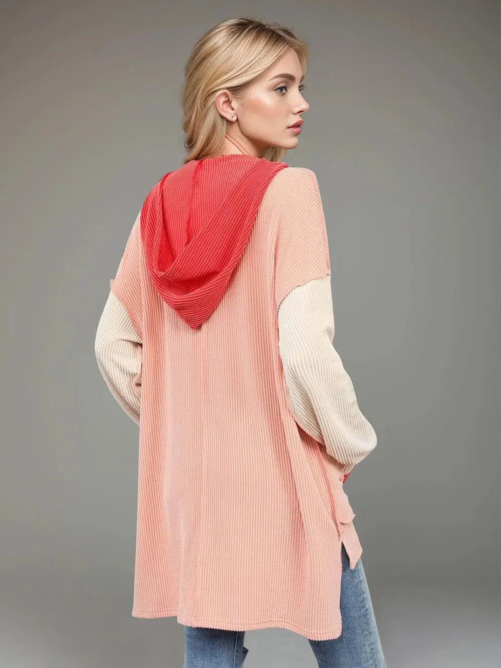 Double Take Contrast Hooded Long Sleeve Top - Love Salve