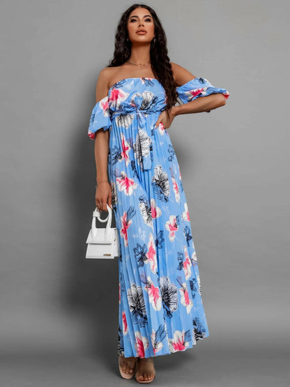 Pleated Floral Off-Shoulder Short Sleeve Midi DressPleated Floral Off-Shoulder Short Sleeve Midi Dress
 Step into elegance with our Pleated Floral Off-Shoulder Short Sleeve Midi Dress. Embrace sophistication effortleLove Salve -Shoulder Short Sleeve Midi Dressjust arrived