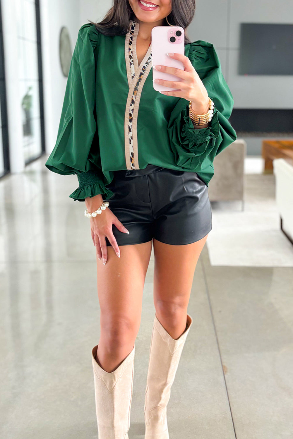 Evergreen Leopard Trim V Neck Blouse With Puffy Flounce Sleeves Dear-Lover Dropshipping