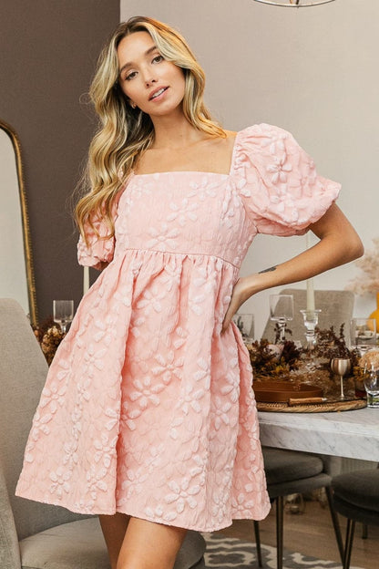 BiBi Flower Square Neck Puff Sleeve Dress.