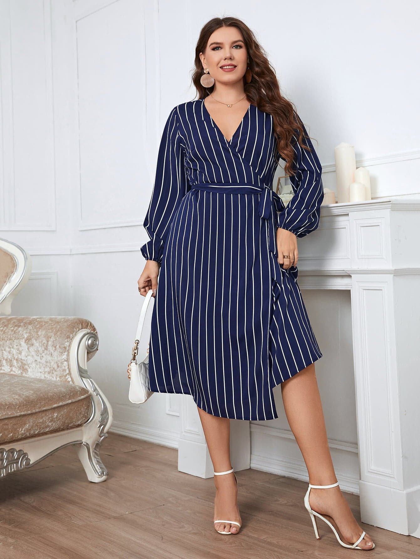 Melo Apparel Plus Size Striped Surplice Neck Long Sleeve Dress.