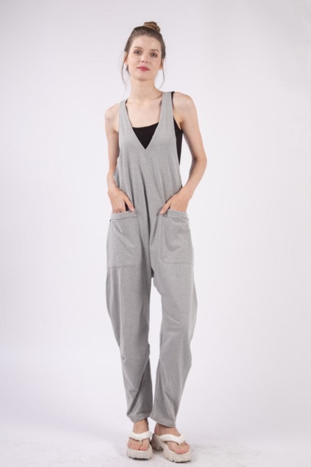 VERY J  Plunge Sleeveless Jumpsuit with Pockets.