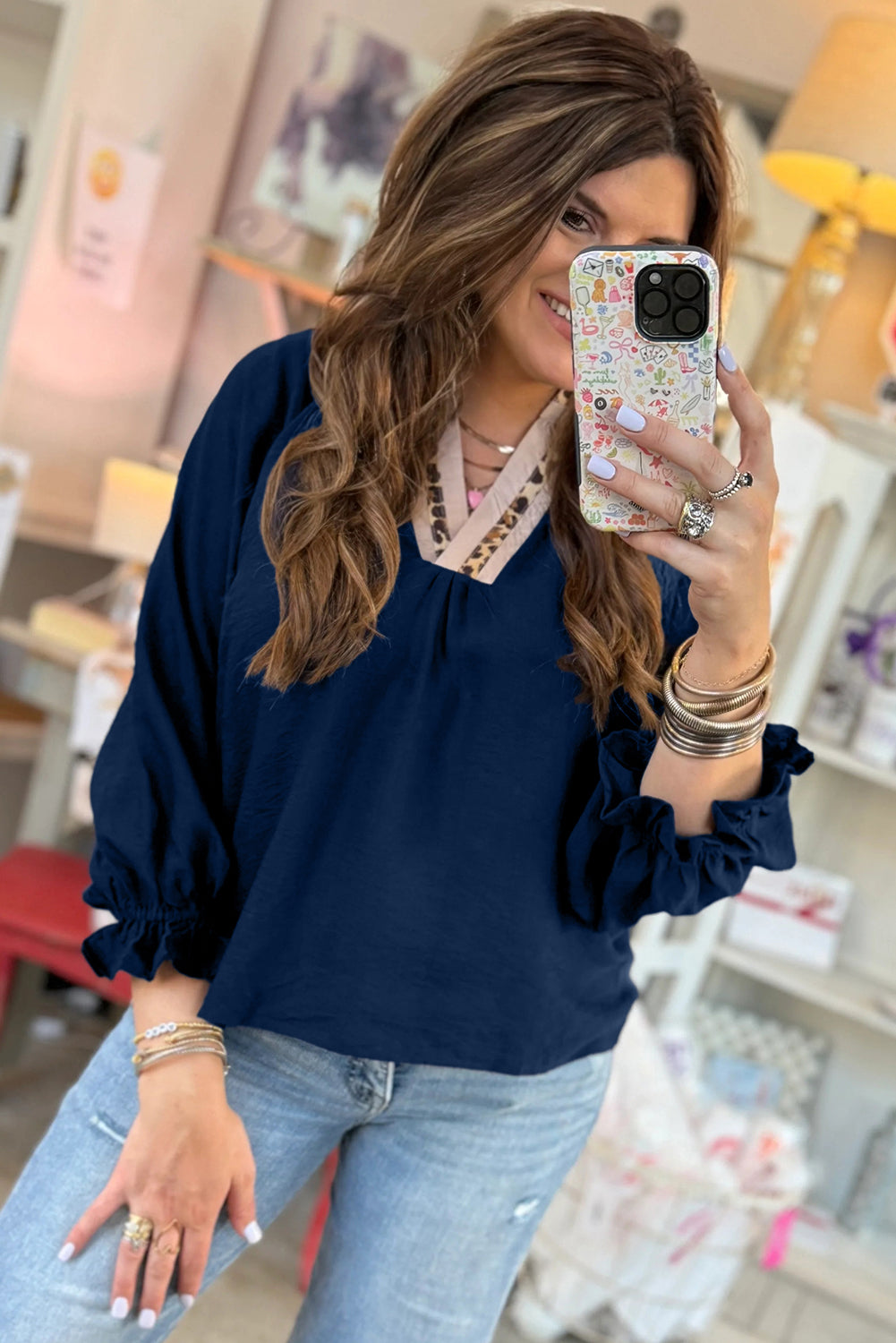 Dirty Blue Leopard Trim V Neck Flounced Bracelet Sleeve Blouse Dear-Lover Dropshipping